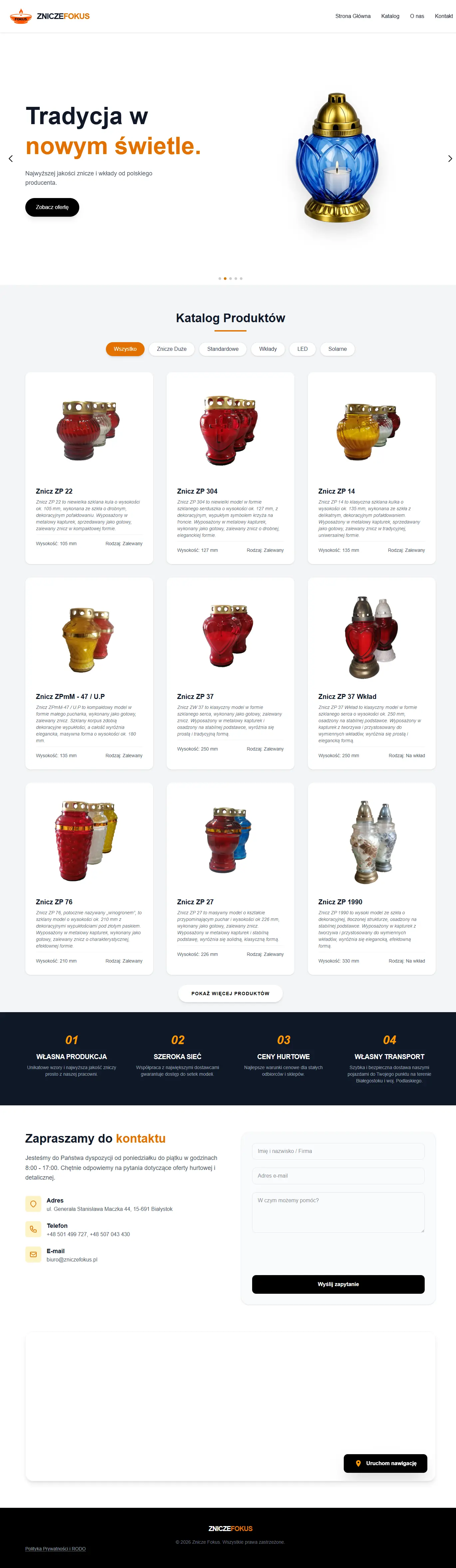 Zrzut ekranu strony ZniczeFokus.pl – katalog zniczy i akcesoriów, projekt wykonany przez Fixlys.com