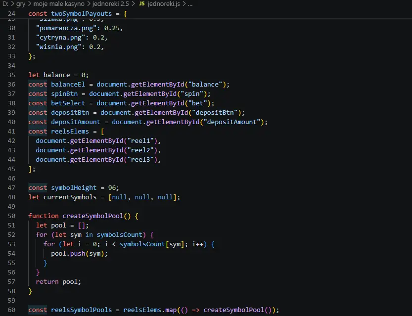 Fragment logiki silnika slotów — czysty JavaScript
