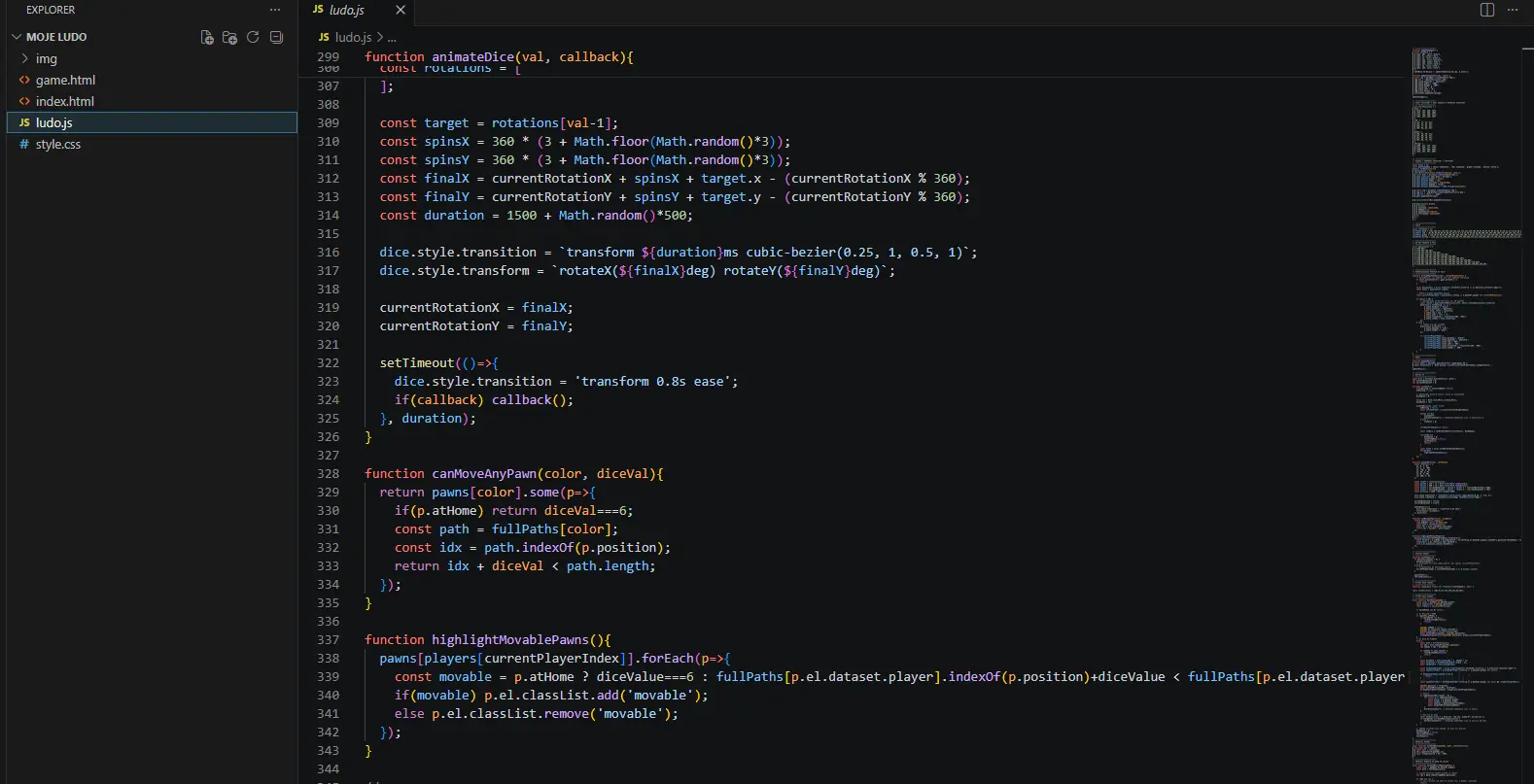 Fragment logiki silnika Ludo — czysty JavaScript, projekt Fixlys.com