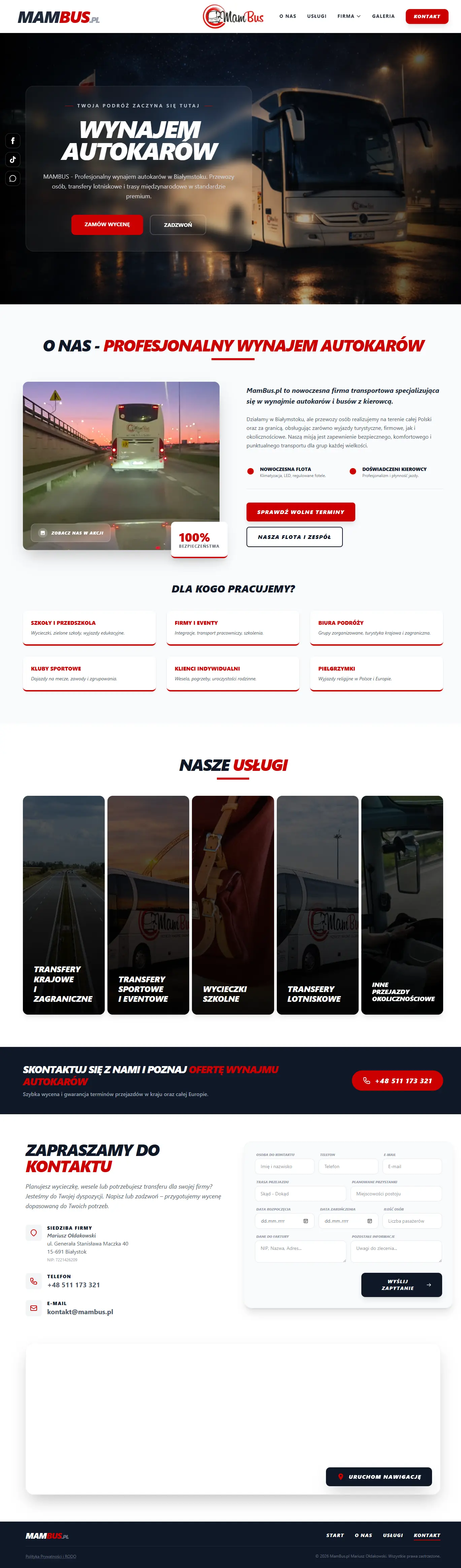 Zrzut ekranu strony Mambus.pl – wynajem autokarów i przewozy autokarowe z Białegostoku, projekt wykonany przez Fixlys.com